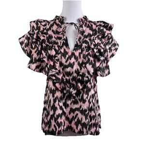 Maria Cher Dabir Ruffled Top XS Pink Black Tie V Neck 100% Cotton Bohemian